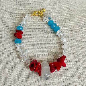 Artisan Red White Blue Gemstones Quartz Coral Glass Beaded Bracelet 7” Long